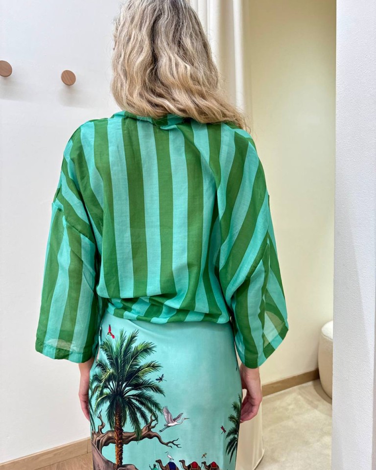Camicia over lunga nodo righe turchese e verde Tensione In Shop Online Camicia over lunga nodo righe turchese e verde Tensione In