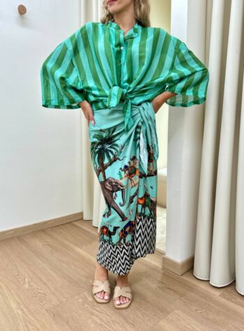 Shop Online Camicia over lunga nodo righe turchese e verde Tensione In