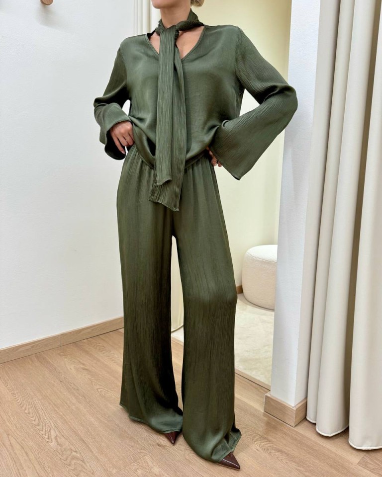 Pantalone goffrato in viscosa verde militare HaveOne Shop Online Pantalone goffrato in viscosa verde militare HaveOne