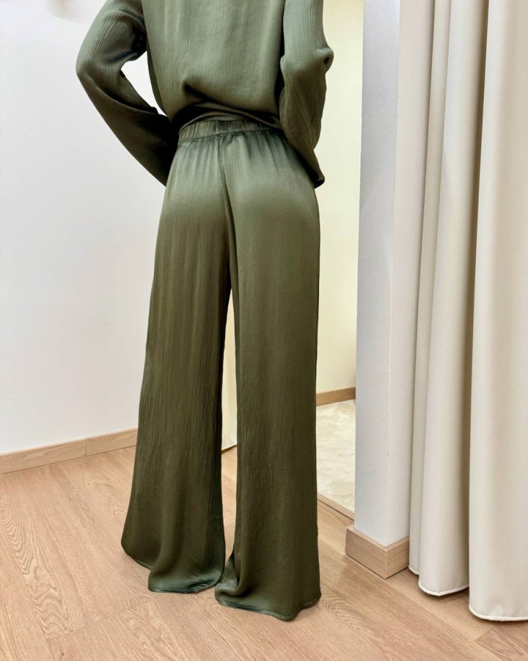 Pantalone goffrato in viscosa verde militare HaveOne Shop Online Pantalone goffrato in viscosa verde militare HaveOne