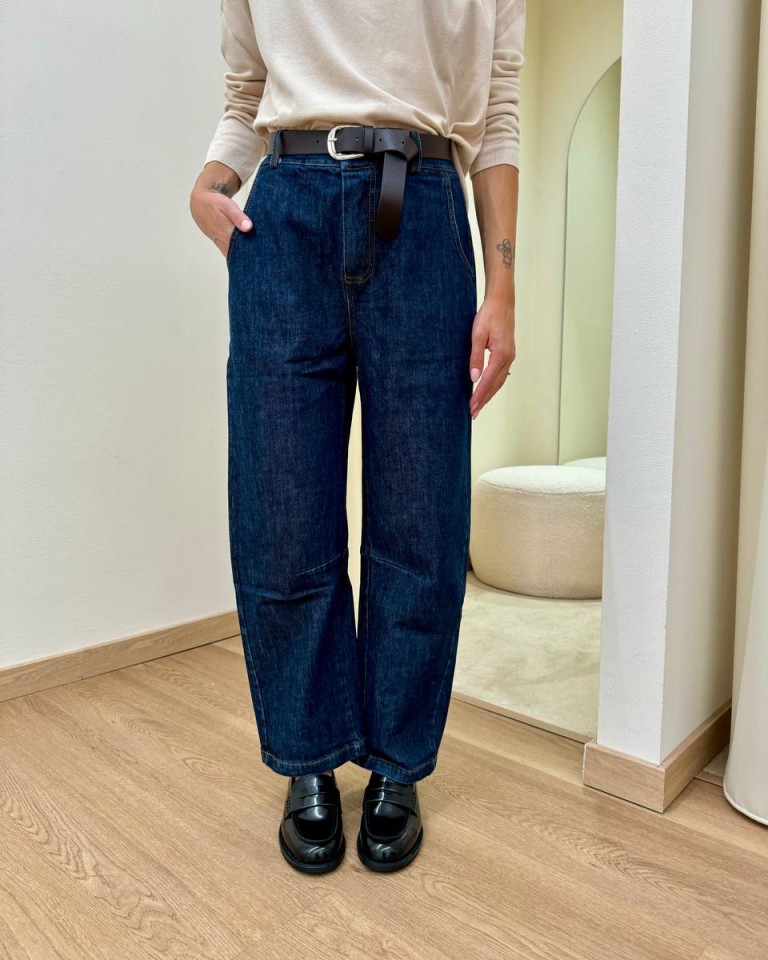 Jeans barrel con cintura blu scuro Kontatto Shop Online Jeans barrel con cintura blu scuro Kontatto