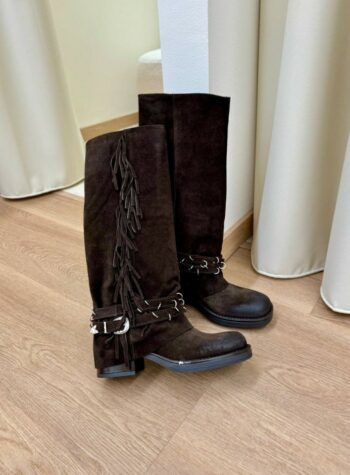 Shop Online Stivale con frange e fibbie camoscio moro Ovyè
