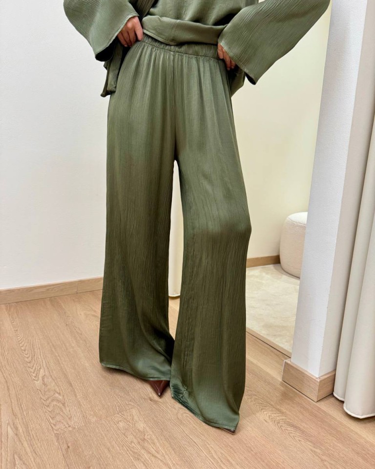 Pantalone goffrato in viscosa verde militare HaveOne Shop Online Pantalone goffrato in viscosa verde militare HaveOne