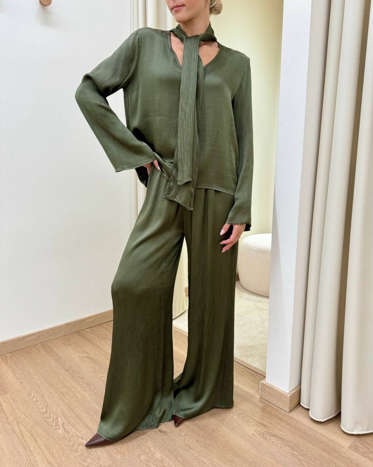 Pantalone goffrato in viscosa verde militare HaveOne Shop Online Pantalone goffrato in viscosa verde militare HaveOne