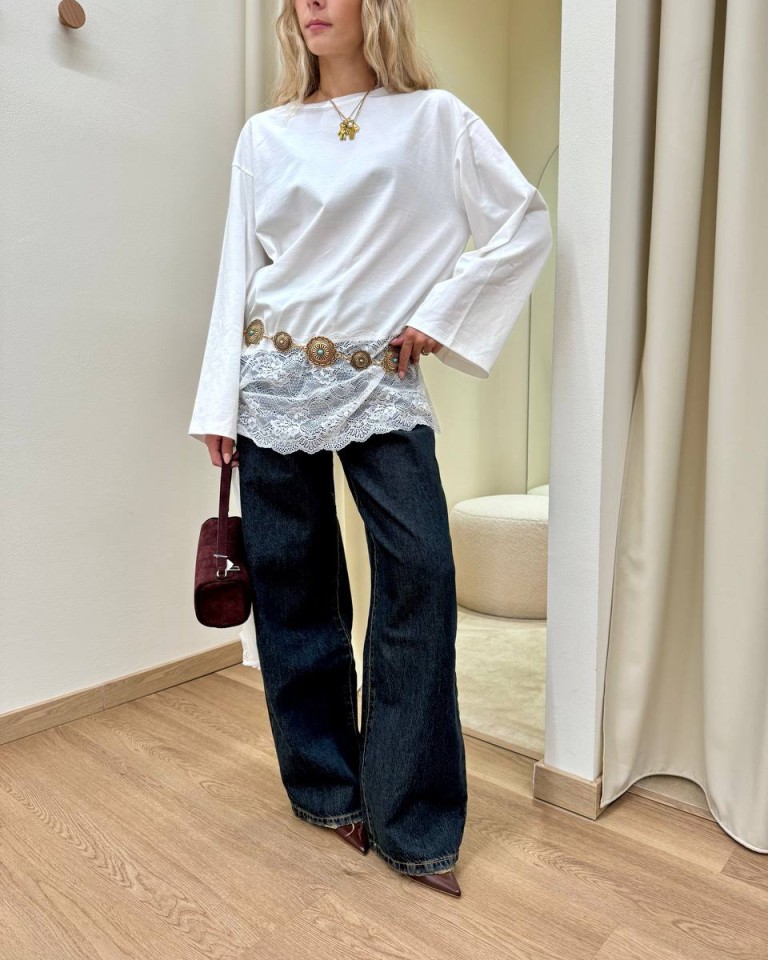 Maglia asimmetrica inserto pizzo nodo bianca Vicolo Shop Online Maglia asimmetrica inserto pizzo nodo bianca Vicolo