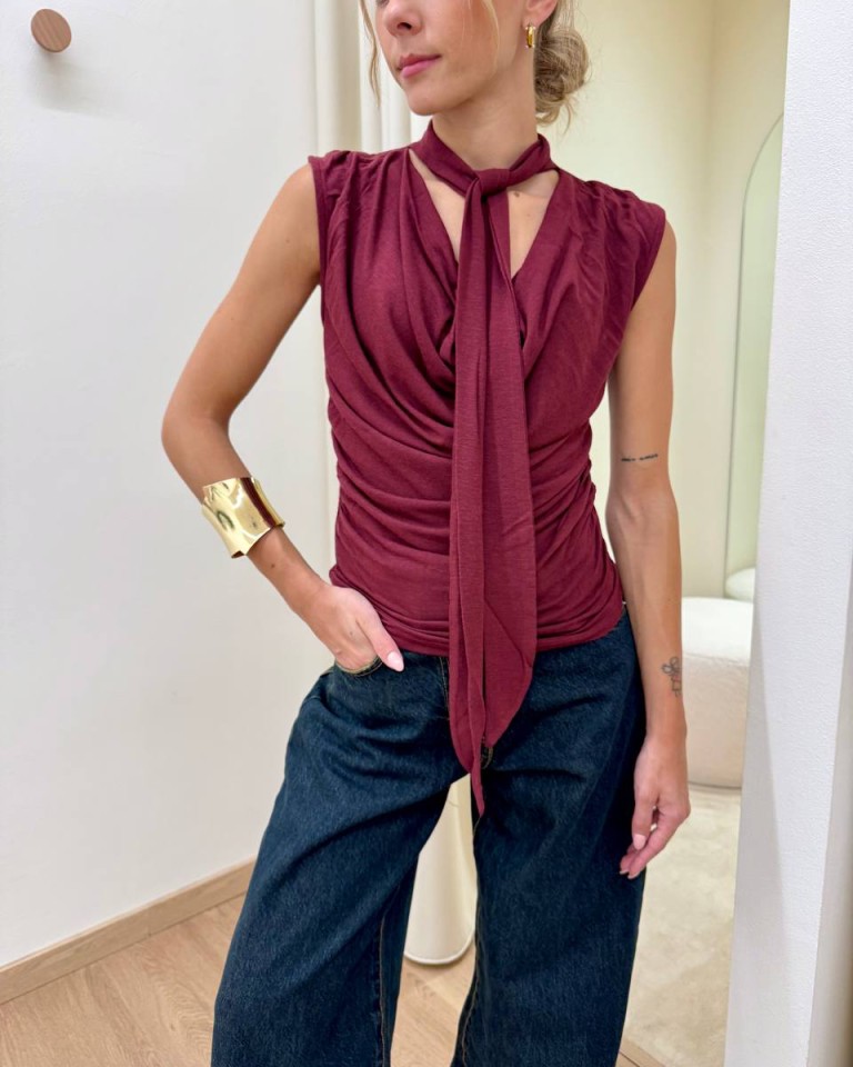 Top arricciato scollo a gronda con foulard marsala Kontatto Shop Online Top arricciato scollo a gronda con foulard marsala Kontatto