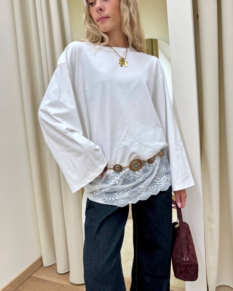 Maglia asimmetrica inserto pizzo nodo bianca Vicolo Shop Online Maglia asimmetrica inserto pizzo nodo bianca Vicolo