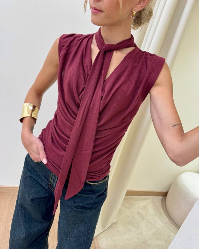 Top arricciato scollo a gronda con foulard marsala Kontatto Shop Online Top arricciato scollo a gronda con foulard marsala Kontatto