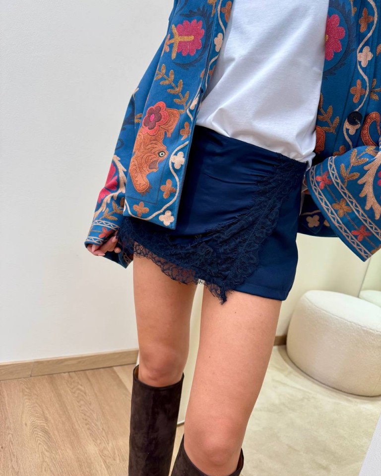 Shorts inserto pizzo asimmetrico blu HaveOne Shop Online Shorts inserto pizzo asimmetrico blu HaveOne