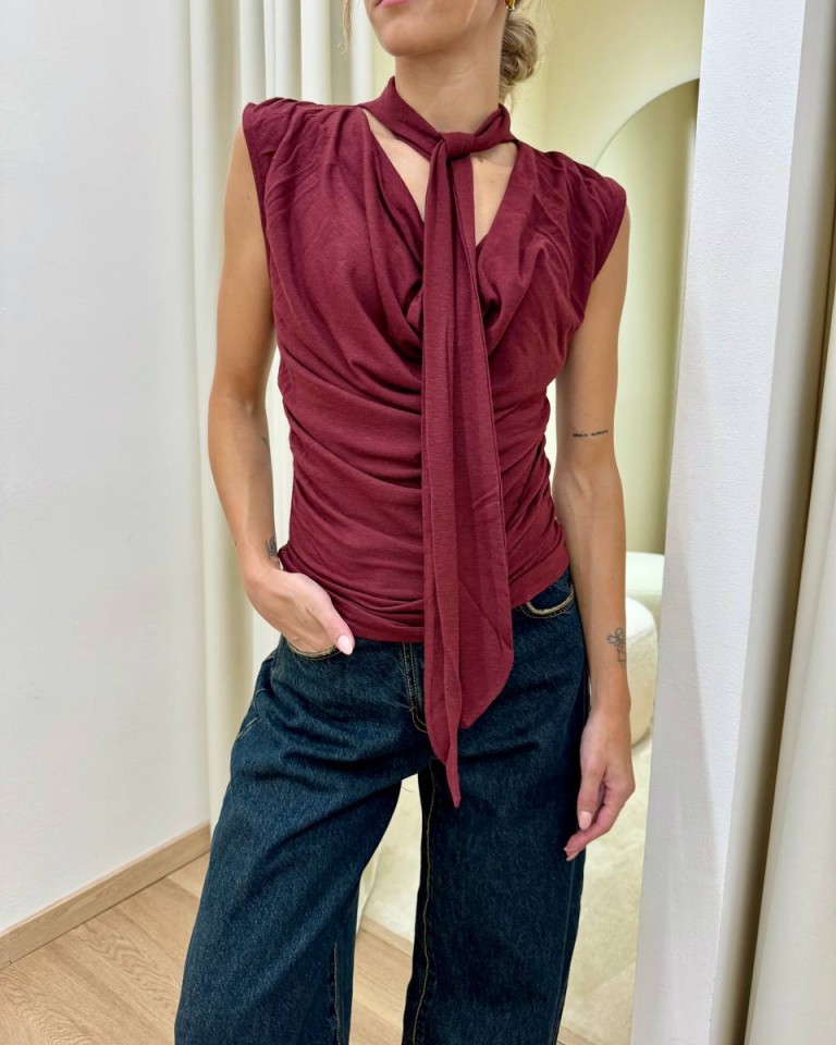 Top arricciato scollo a gronda con foulard marsala Kontatto Shop Online Top arricciato scollo a gronda con foulard marsala Kontatto