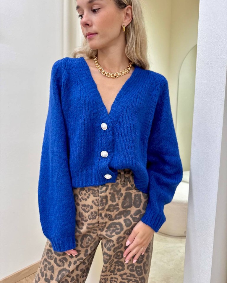 Cardigan con lana bottoni gioiello blu elettrico HaveOne Shop Online Cardigan con lana bottoni gioiello blu elettrico HaveOne