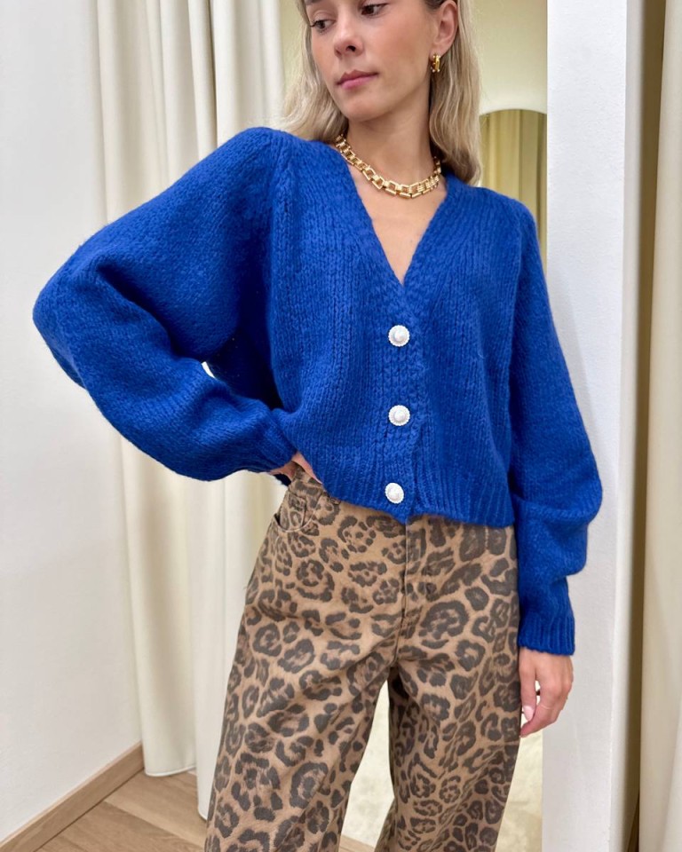 Cardigan con lana bottoni gioiello blu elettrico HaveOne Shop Online Cardigan con lana bottoni gioiello blu elettrico HaveOne