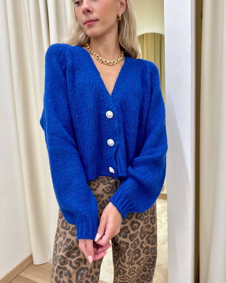 Cardigan con lana bottoni gioiello blu elettrico HaveOne Shop Online Cardigan con lana bottoni gioiello blu elettrico HaveOne