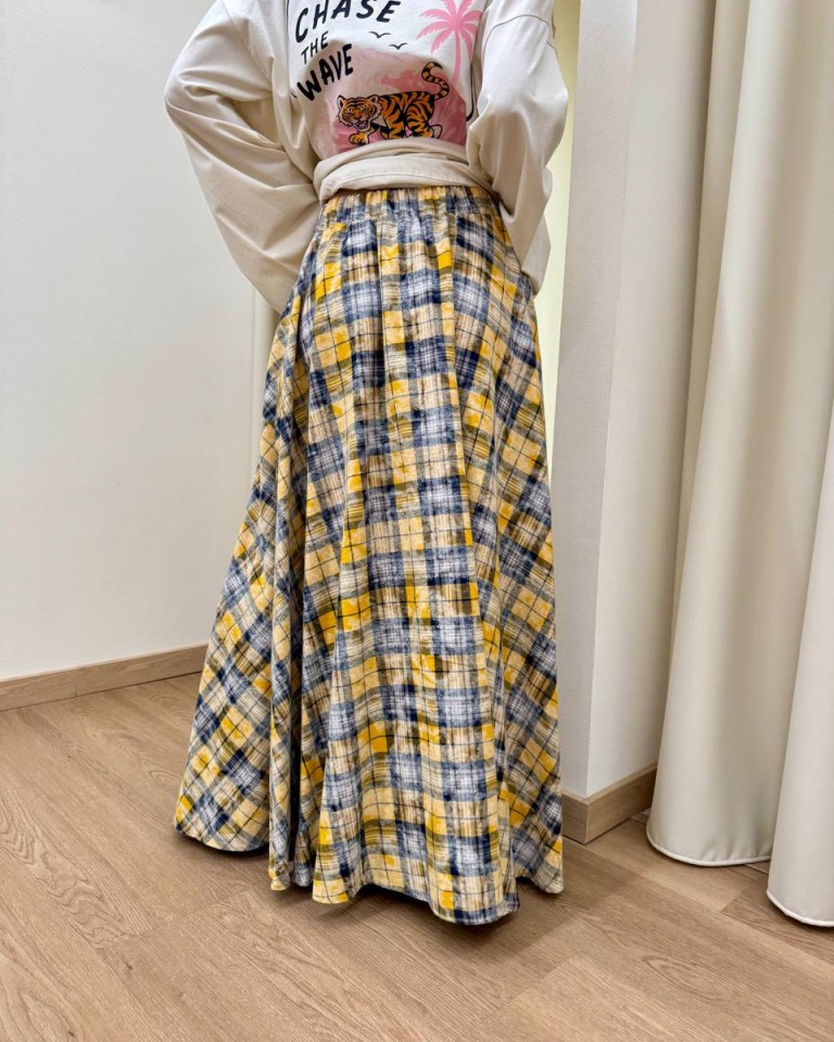 Gonna lunga check ocra e blu Vicolo Shop Online Gonna lunga check ocra e blu Vicolo