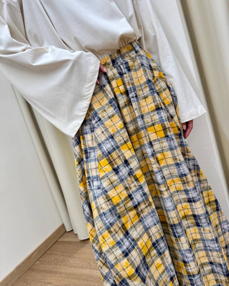 Gonna lunga check ocra e blu Vicolo Shop Online Gonna lunga check ocra e blu Vicolo