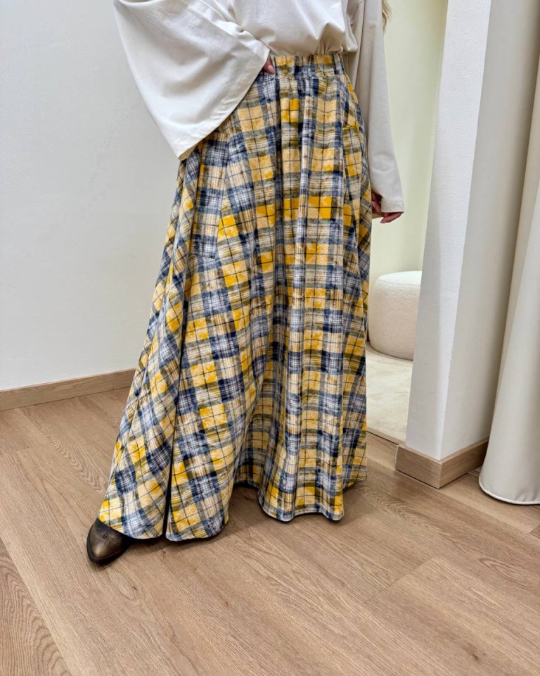 Gonna lunga check ocra e blu Vicolo Shop Online Gonna lunga check ocra e blu Vicolo