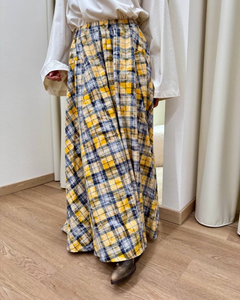 Gonna lunga check ocra e blu Vicolo Shop Online Gonna lunga check ocra e blu Vicolo