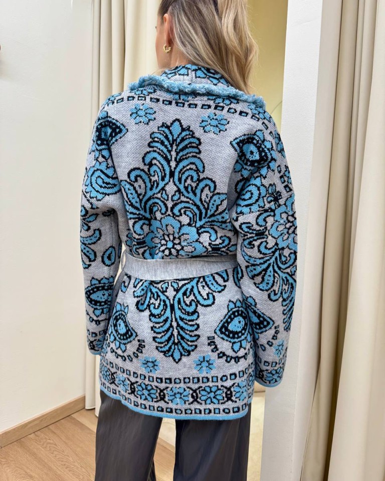 Cardigan fantasia jacquard grigio e celeste Tensione In Shop Online Cardigan fantasia jacquard grigio e celeste Tensione In