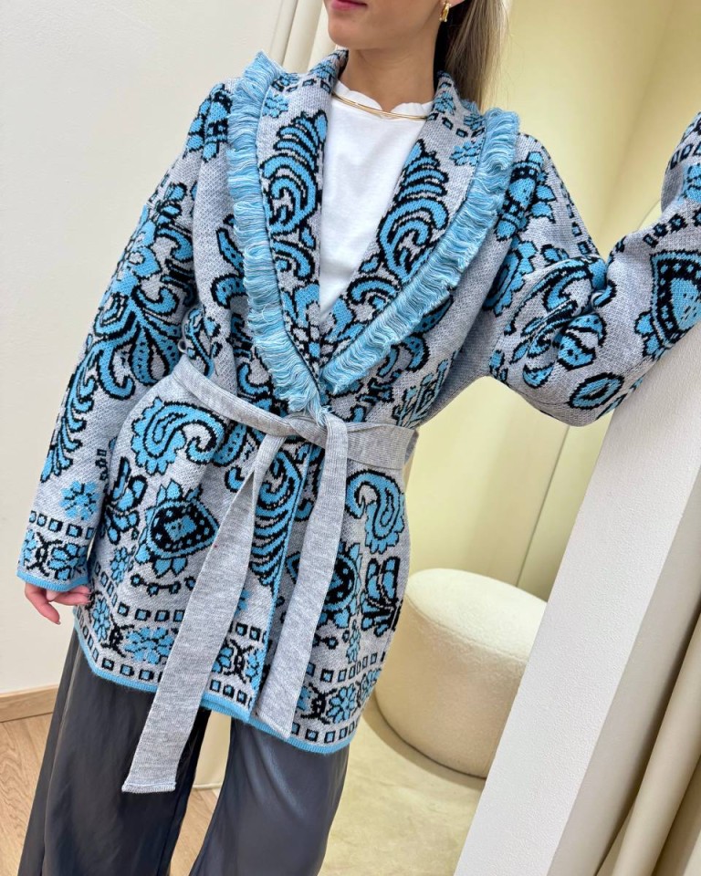 Cardigan fantasia jacquard grigio e celeste Tensione In Shop Online Cardigan fantasia jacquard grigio e celeste Tensione In