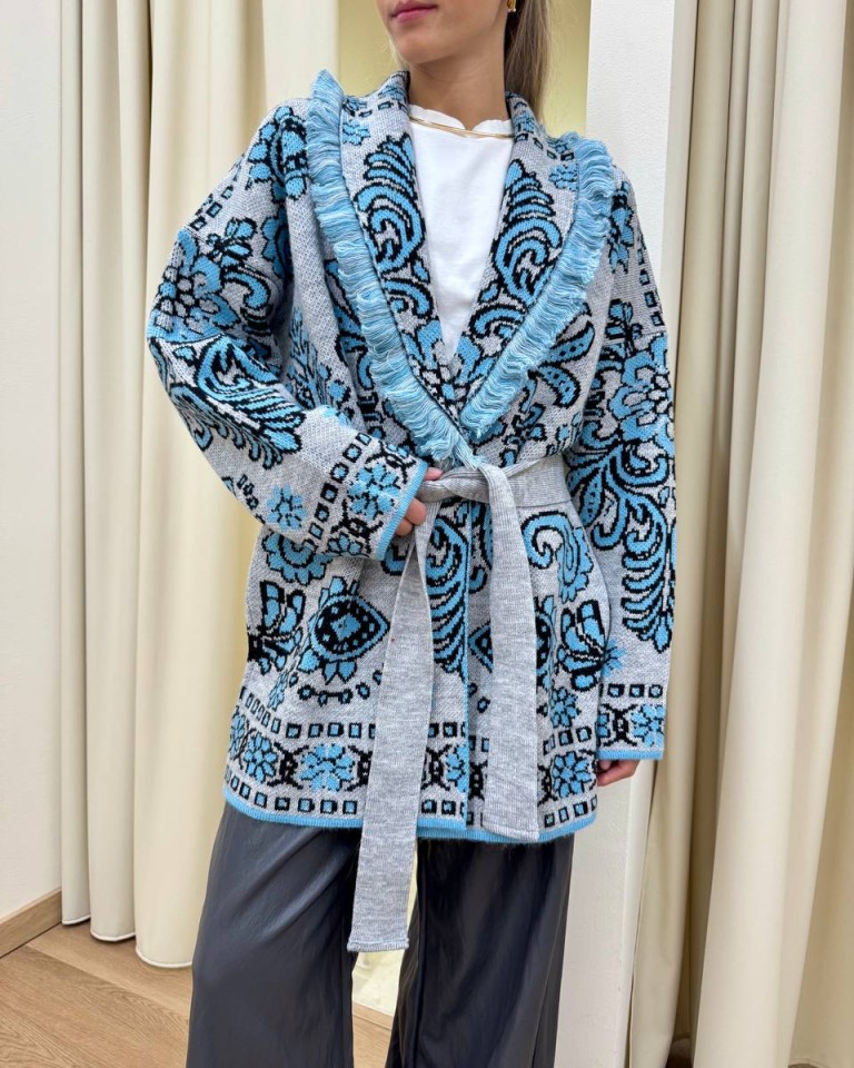 Cardigan fantasia jacquard grigio e celeste Tensione In Shop Online Cardigan fantasia jacquard grigio e celeste Tensione In