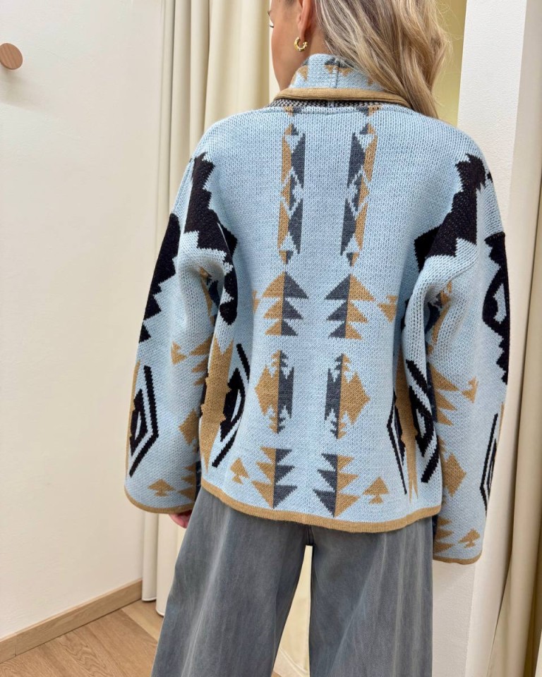 Cardigan fantasia jacquard celeste e beige Tensione In Shop Online Cardigan fantasia jacquard celeste e beige Tensione In