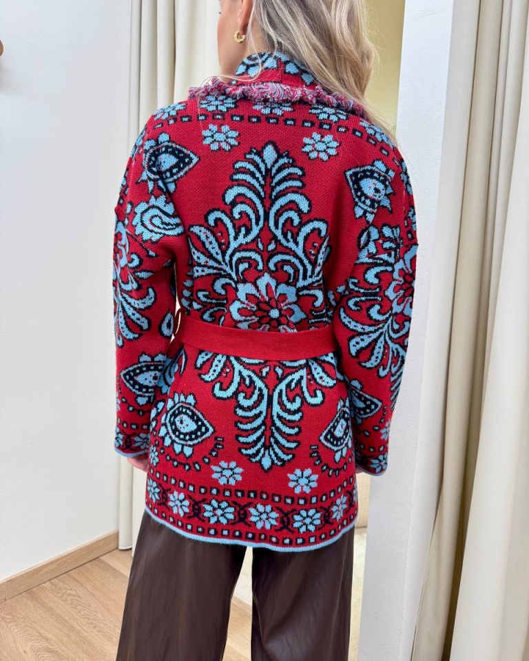 Cardigan fantasia jacquard rosso e celeste Tensione In Shop Online Cardigan fantasia jacquard rosso e celeste Tensione In