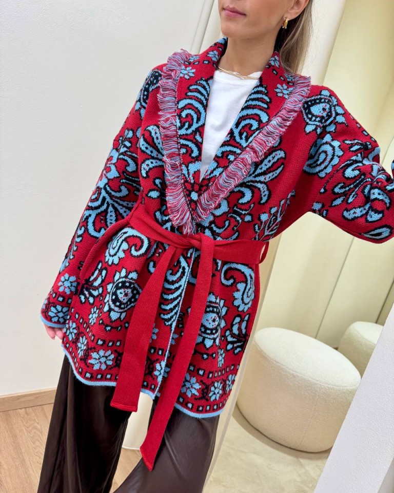 Cardigan fantasia jacquard rosso e celeste Tensione In Shop Online Cardigan fantasia jacquard rosso e celeste Tensione In