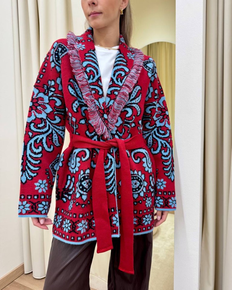 Cardigan fantasia jacquard rosso e celeste Tensione In Shop Online Cardigan fantasia jacquard rosso e celeste Tensione In