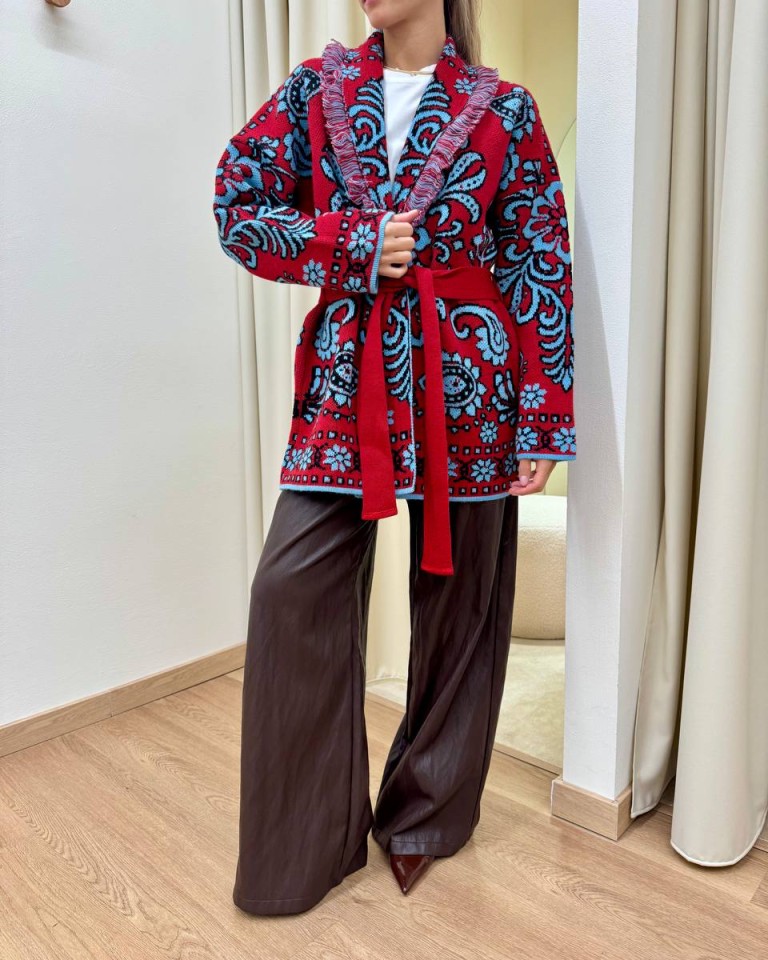 Cardigan fantasia jacquard rosso e celeste Tensione In Shop Online Cardigan fantasia jacquard rosso e celeste Tensione In