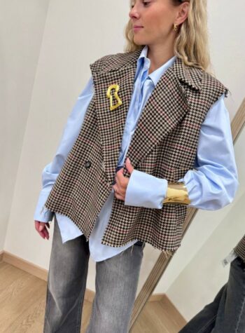 Shop Online Gilet pied de poule beige e nero spilla oro Tensione In