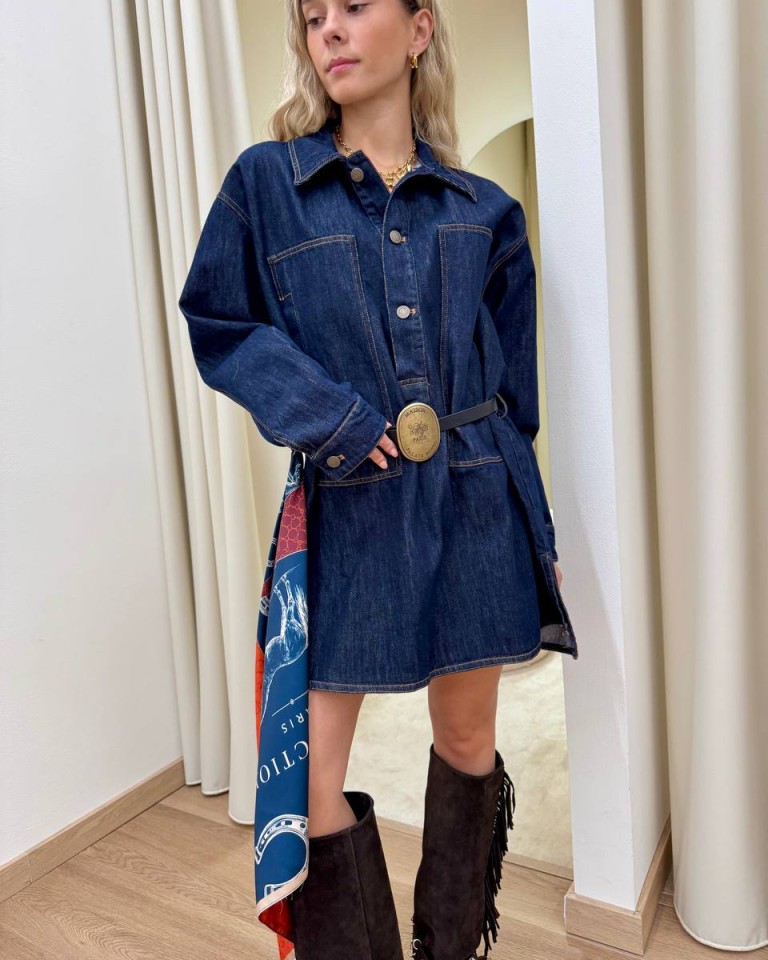 Vestito denim blu scuro con cintura e foulard Tensione In Shop Online Vestito denim blu scuro con cintura e foulard Tensione In