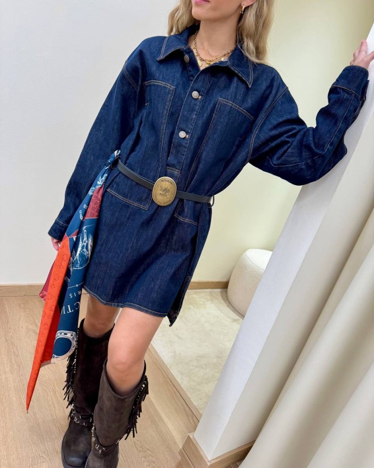 Vestito denim blu scuro con cintura e foulard Tensione In Shop Online Vestito denim blu scuro con cintura e foulard Tensione In