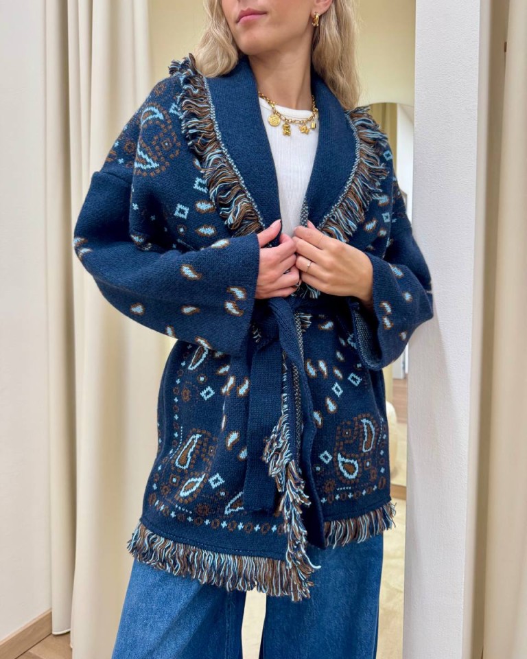 Cardigan fantasia jacquard blu e celeste Tensione In Shop Online Cardigan fantasia jacquard blu e celeste Tensione In