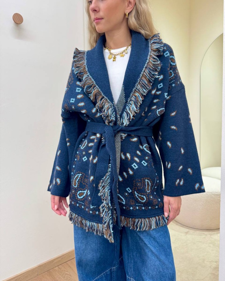 Cardigan fantasia jacquard blu e celeste Tensione In Shop Online Cardigan fantasia jacquard blu e celeste Tensione In