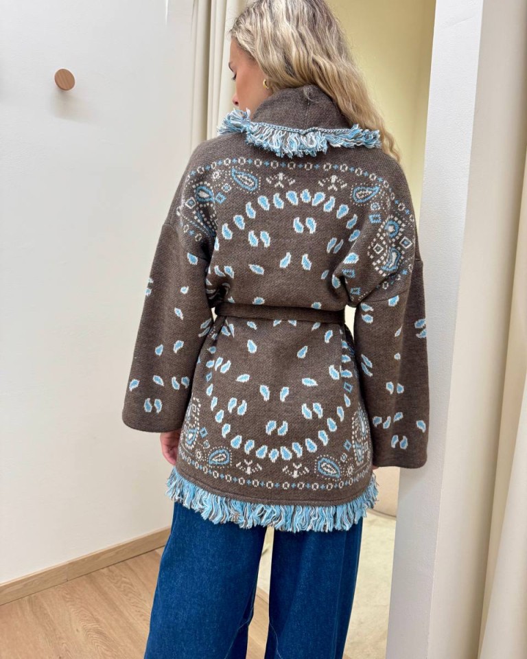Cardigan fantasia jacquard fango e celeste Tensione In Shop Online Cardigan fantasia jacquard fango e celeste Tensione In