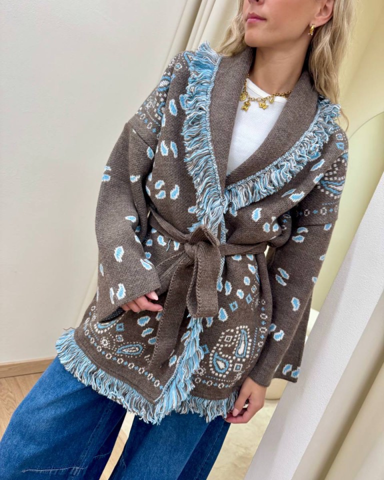 Cardigan fantasia jacquard fango e celeste Tensione In Shop Online Cardigan fantasia jacquard fango e celeste Tensione In