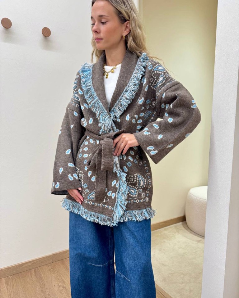 Cardigan fantasia jacquard fango e celeste Tensione In Shop Online Cardigan fantasia jacquard fango e celeste Tensione In