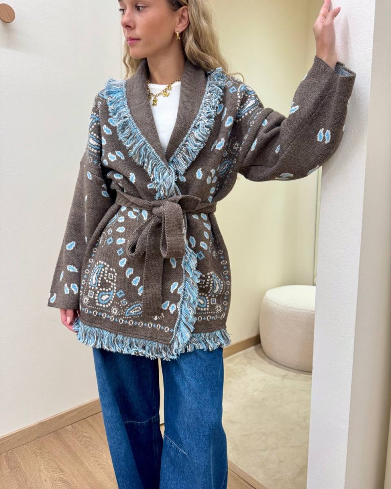 Cardigan fantasia jacquard fango e celeste Tensione In Shop Online Cardigan fantasia jacquard fango e celeste Tensione In