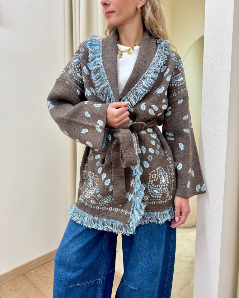 Cardigan fantasia jacquard fango e celeste Tensione In Shop Online Cardigan fantasia jacquard fango e celeste Tensione In