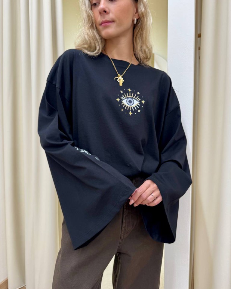 Maglia over maniche ampie stampa occhio nera Vicolo Shop Online Maglia over maniche ampie stampa occhio nera Vicolo