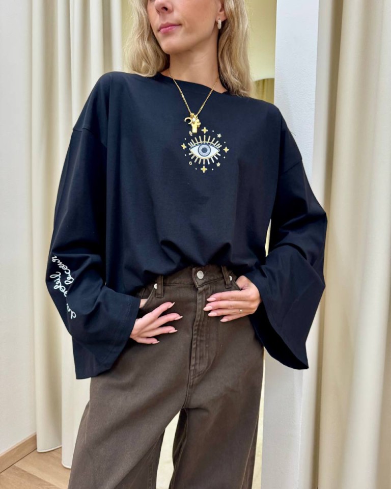 Maglia over maniche ampie stampa occhio nera Vicolo Shop Online Maglia over maniche ampie stampa occhio nera Vicolo