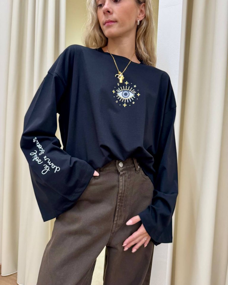 Maglia over maniche ampie stampa occhio nera Vicolo Shop Online Maglia over maniche ampie stampa occhio nera Vicolo