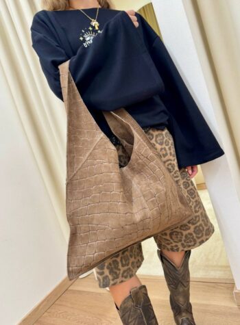 Shop Online Borsa shopper vera pelle scamosciata croco tortora