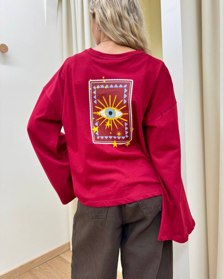 Maglia over maniche ampie stampa occhio bordeaux Vicolo Shop Online Maglia over maniche ampie stampa occhio bordeaux Vicolo