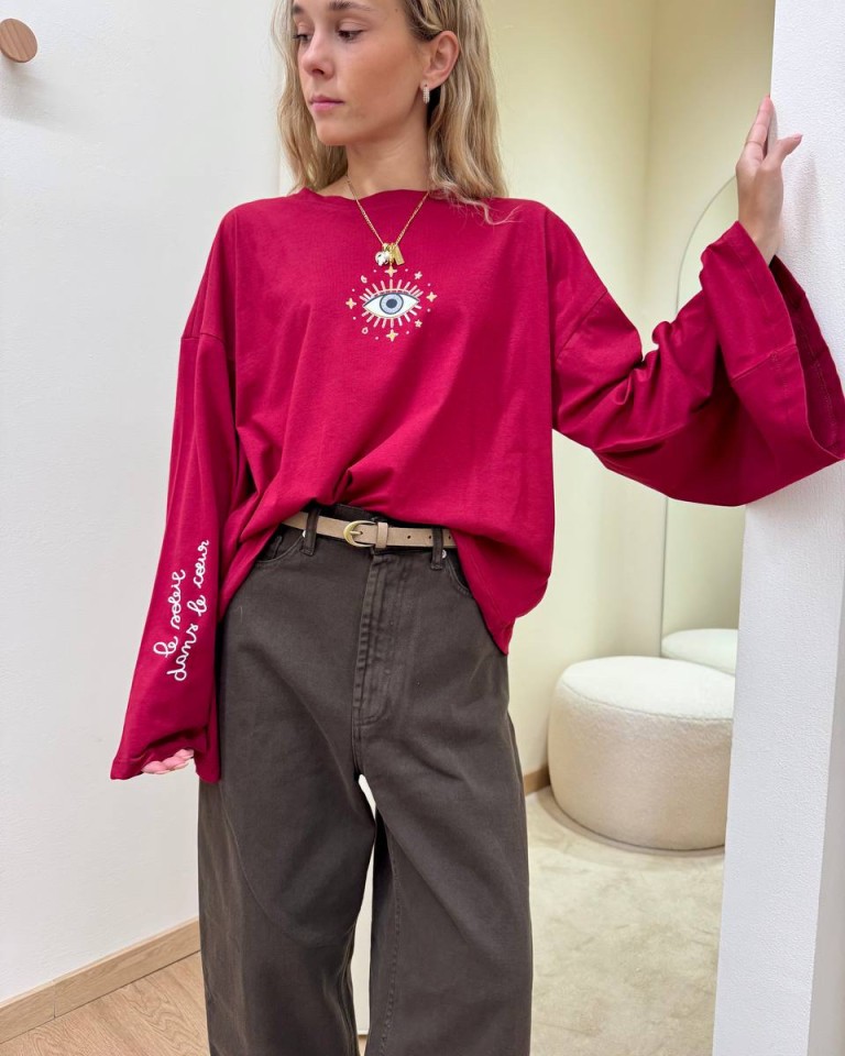Maglia over maniche ampie stampa occhio bordeaux Vicolo Shop Online Maglia over maniche ampie stampa occhio bordeaux Vicolo