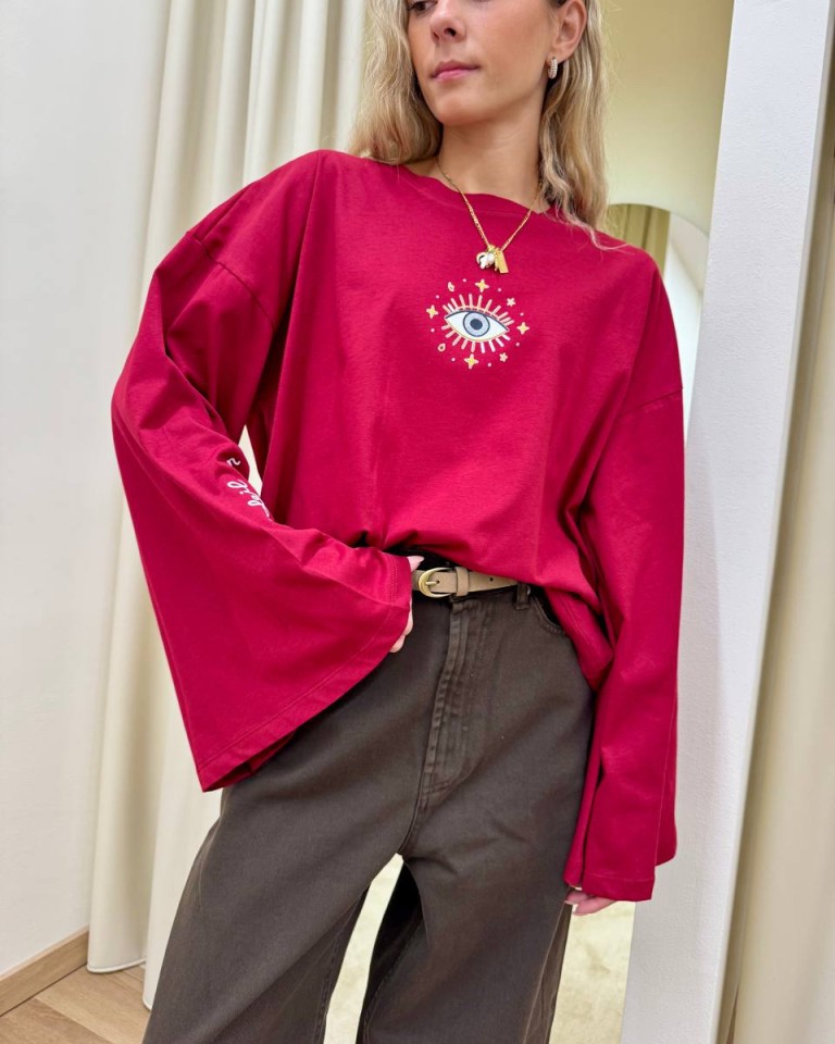 Maglia over maniche ampie stampa occhio bordeaux Vicolo Shop Online Maglia over maniche ampie stampa occhio bordeaux Vicolo