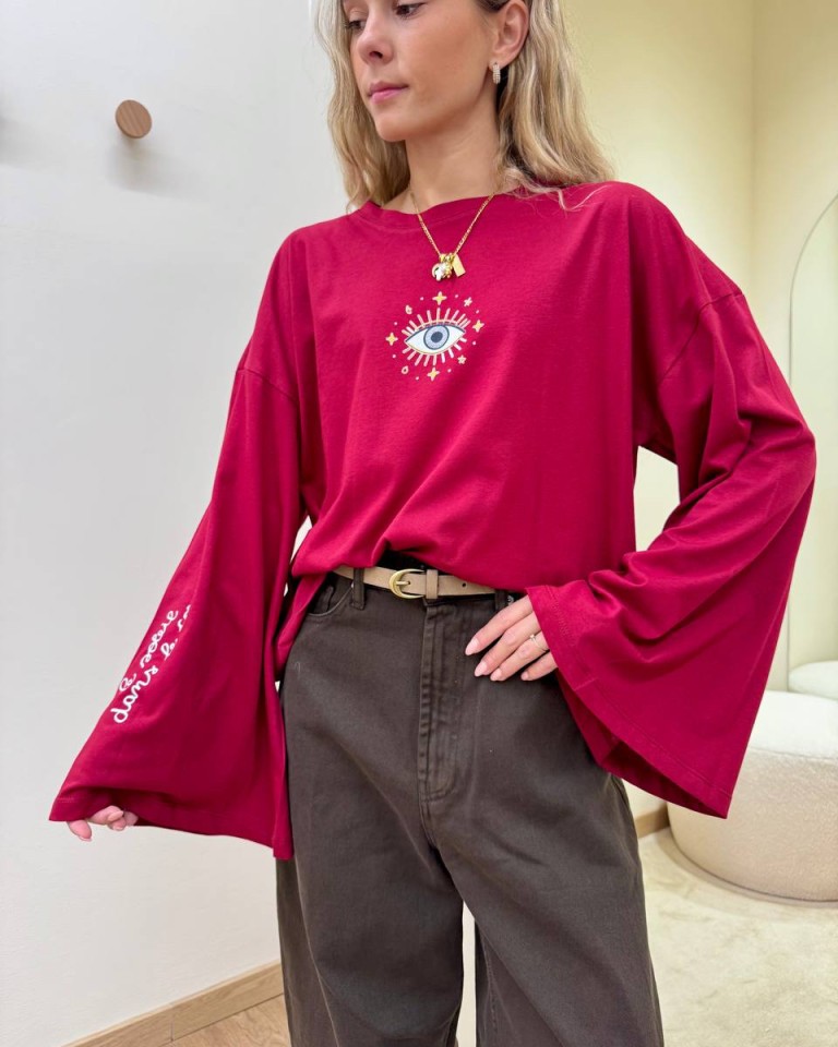Maglia over maniche ampie stampa occhio bordeaux Vicolo Shop Online Maglia over maniche ampie stampa occhio bordeaux Vicolo