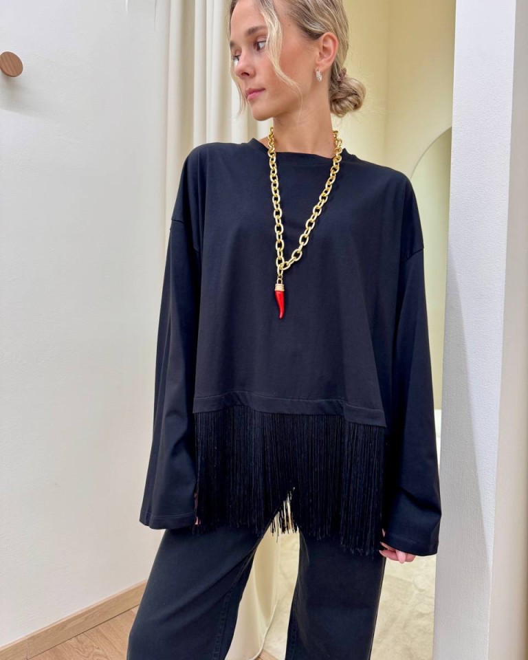 Maglia maniche ampie con frange nera HaveOne Shop Online Maglia maniche ampie con frange nera HaveOne