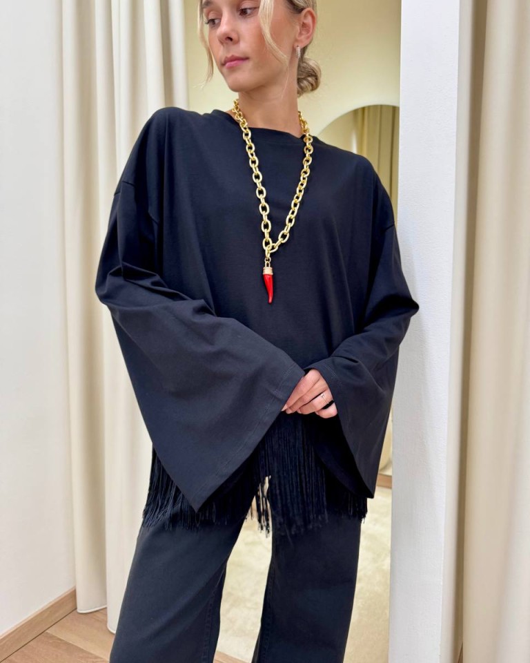 Maglia maniche ampie con frange nera HaveOne Shop Online Maglia maniche ampie con frange nera HaveOne