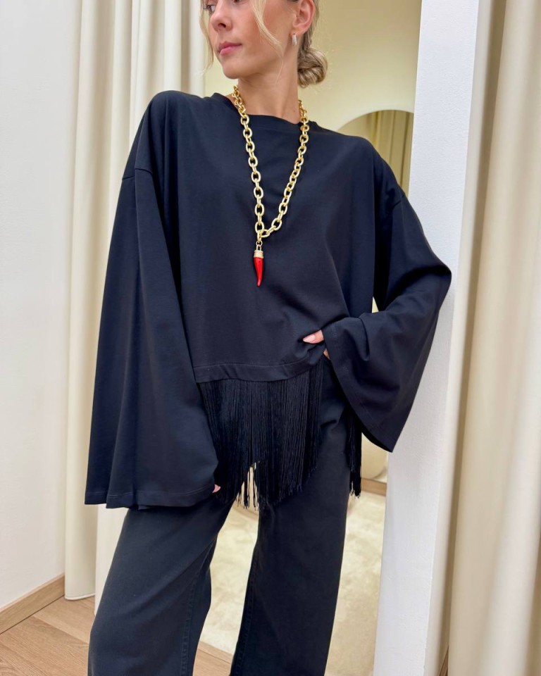 Maglia maniche ampie con frange nera HaveOne Shop Online Maglia maniche ampie con frange nera HaveOne